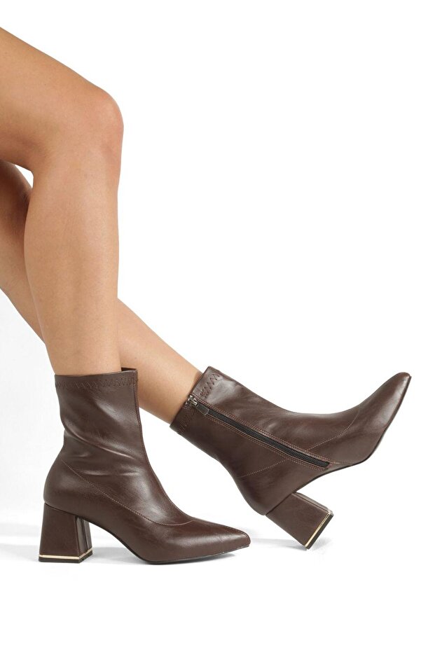 Brown Leather Stretch Boots with Pointed Toe, 6 cm Covered Heel, Galvanized Detail, New Season.