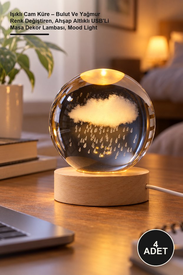 4 Lighted Glass Globes – Cloud and Rain Color Changing, USB Table Decoration Lamp with Wooden Base, Mood Light