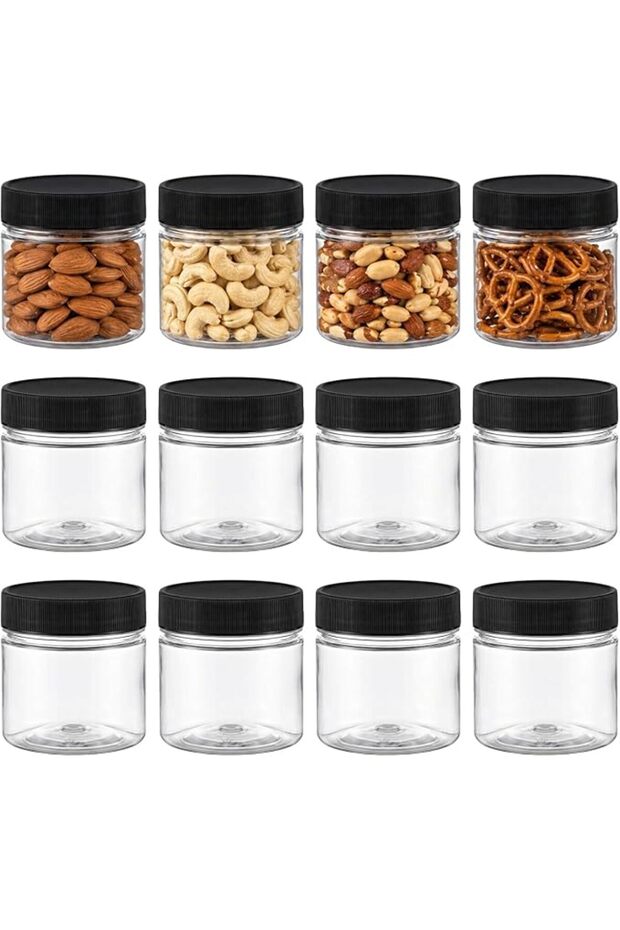 8 Ounce Plastic Jars With Lids, Reusable Empty Jars(Black 12 Pack)
