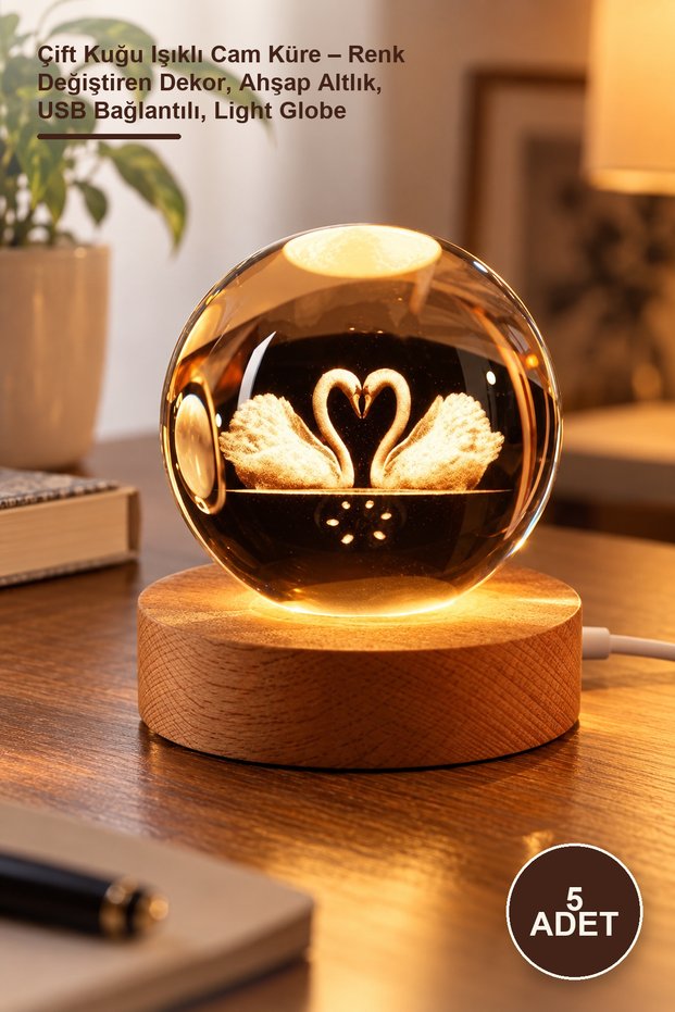 5 Double Swan Lighted Glass Globes – Color Changing Decoration, Wooden Base, USB Connected, Light Globe