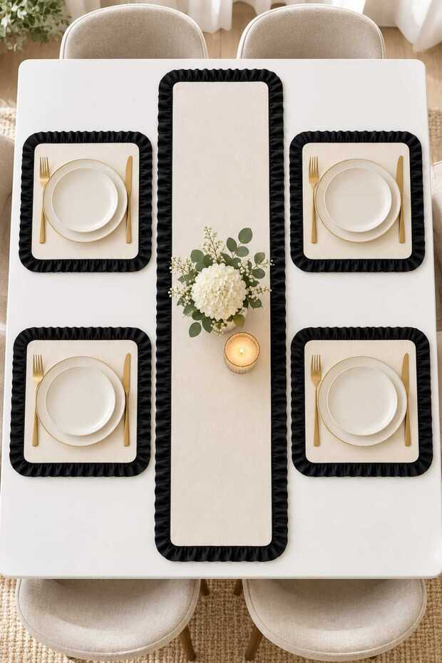 4-Person Ruffled Runner Set – 4 Square Placemats, 5-Piece Stylish Table Set