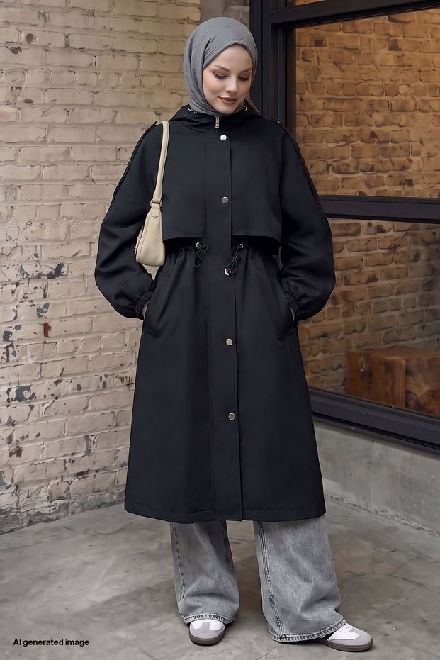 Hooded Lined Black Parka Coat