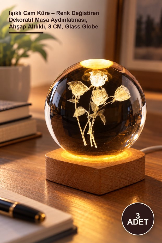 3 Lighted Glass Globes – Color Changing Decorative Table Lighting, with Wooden Base, 8 Cm, Glass Globe