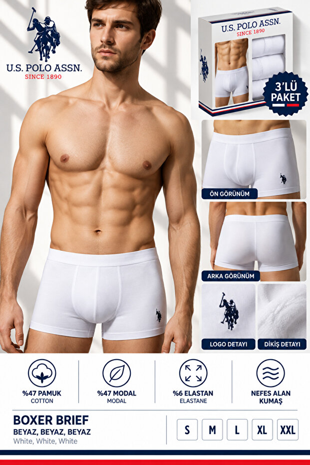Men'S, Licensed, Uspa, 47% Modal, 47% Cotton, 6% Elastane, Boxer Brief, Comfort, Set of 3