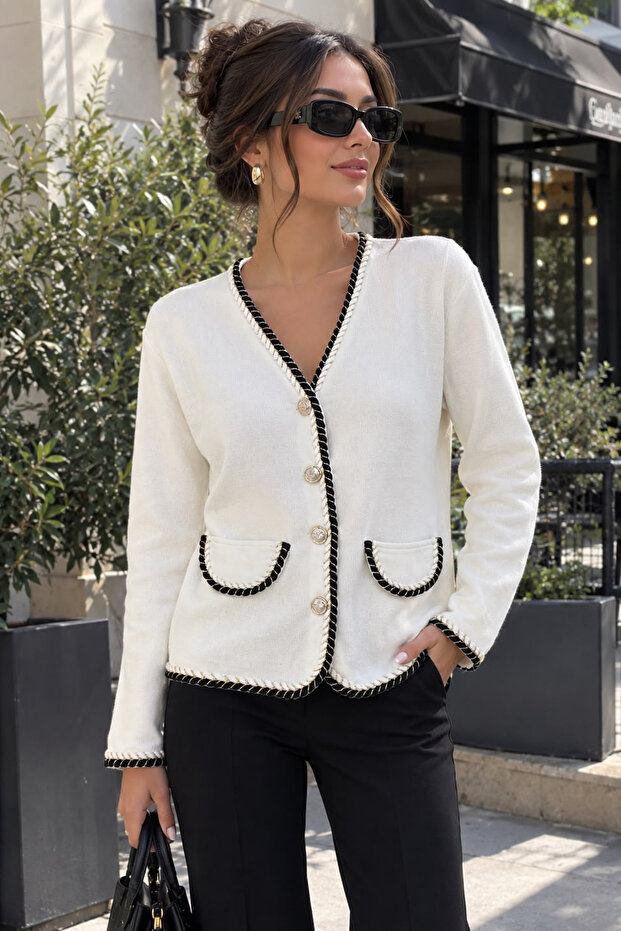 Gold Buttoned Belted Women's Cardigan