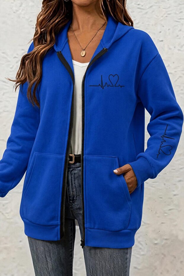 Fr Heart Rhythm Printed Two-Thread Zipper Hooded Sweatshirt Cardigan - Oversized Pocket Casual Sports Jacket
