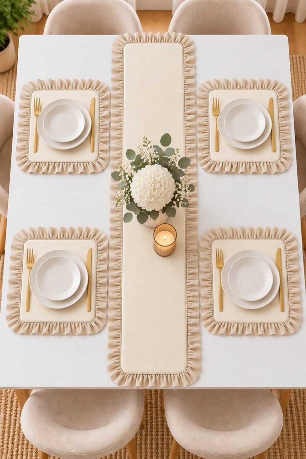 4-Person Ruffled Runner Set – 4 Square Placemats, 5-Piece Stylish Table Set