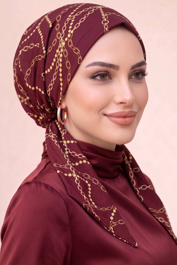 Women's Burgundy Chain Patterned Practical Ready-To-Wear Scarf with Bonnet Tie Hijab Bonnet