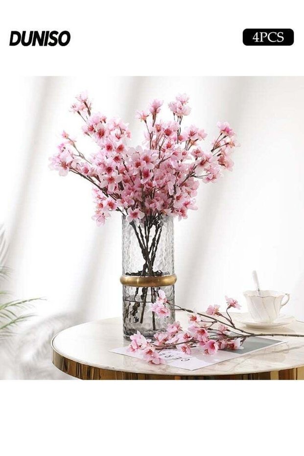 4Pcs Artificial Cherry Blossom Flower, Silk Peach Flowers, Long Stem Plastic Flowers Home Hotel Off