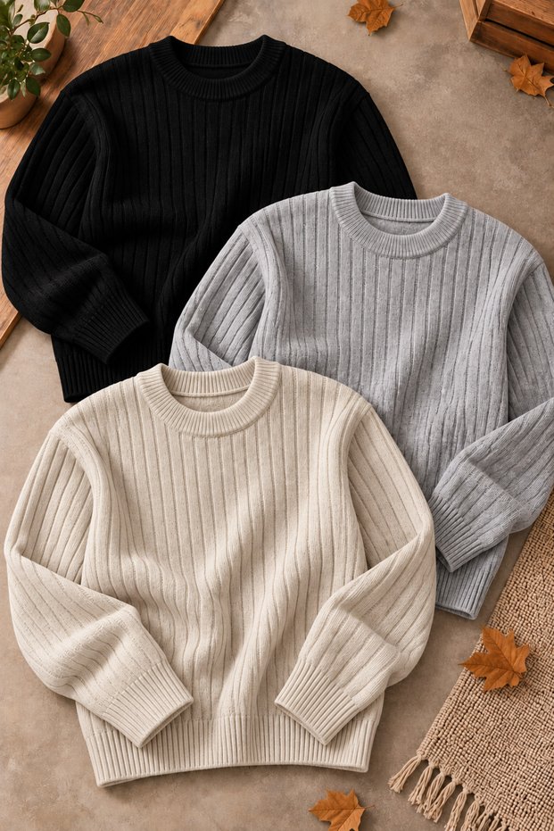Men's 3-Piece Set Ribbed Knitwear Crew Neck Sweater Winter Thick Knit Long Sleeve Casual Basic Slim Fit Sweater
