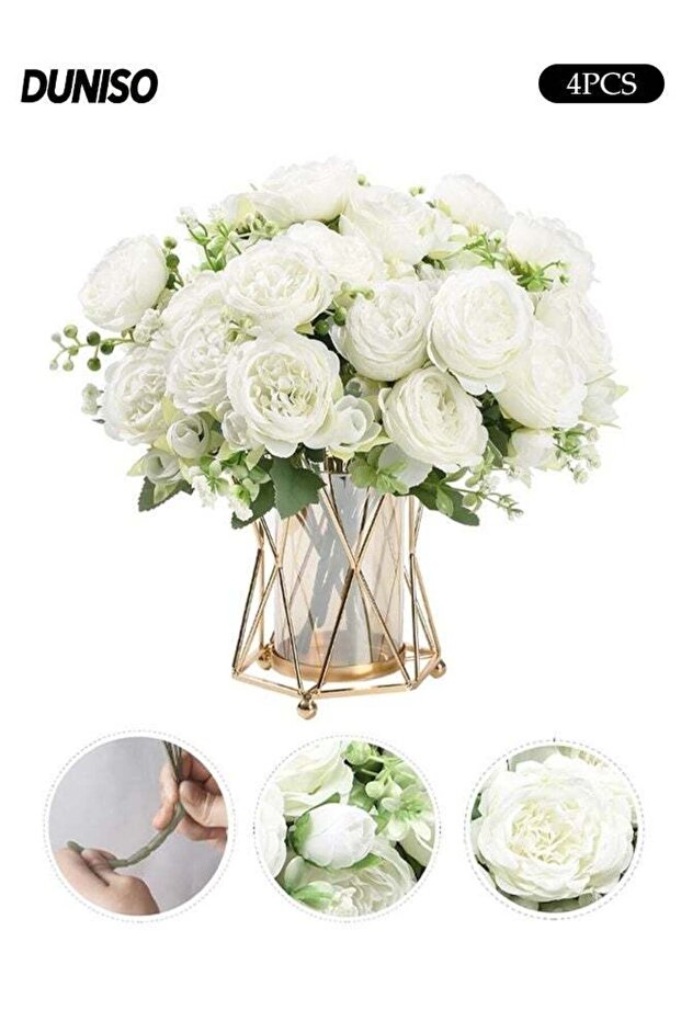 4 Bunches Artificial Peony Silk Flowers, Fake Flower,White Faux Peonies Flower Bouquet,Vintage Faux