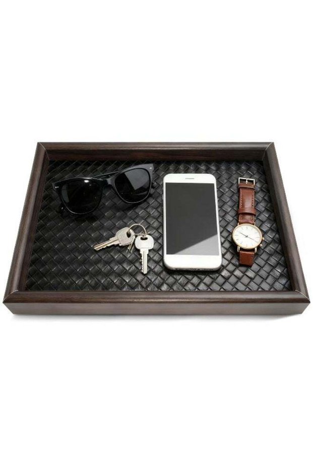 Wooden Valet Tray Desk Organizer with Leather Base,Nightstand, Entryway Bedside Dump Holder for Wal