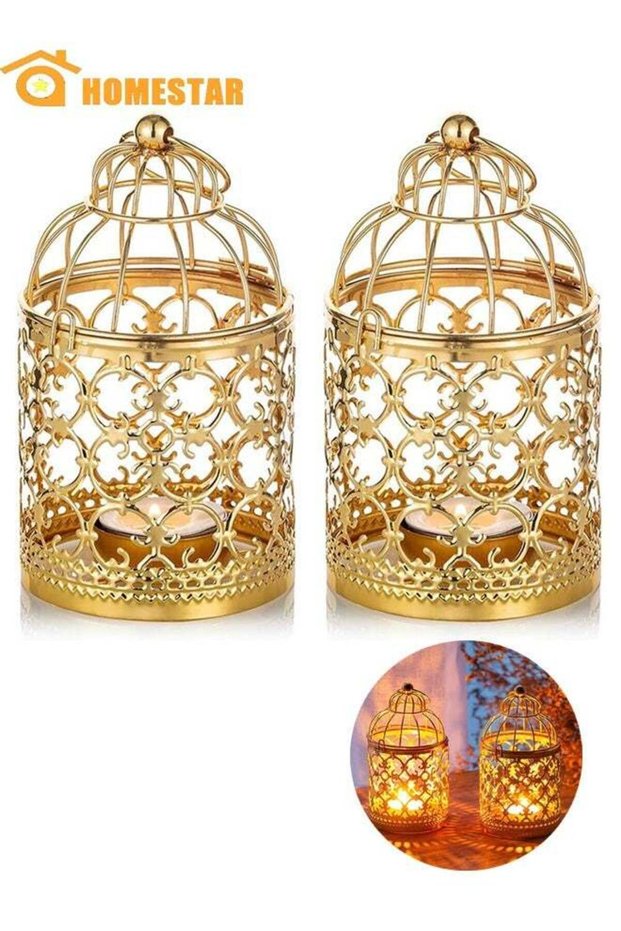 Set of 2 Candle Lanterns Ramadan Decorations, Vintage Decorative Hanging Golden Lantern Metal Birdc