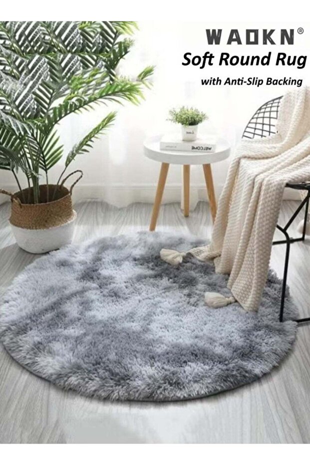 Soft Round Rugs Fluffy Circle Rugs, Plush , Tie Dyed Light Grey Circular Non Shedding Rugs, Fuzzy F