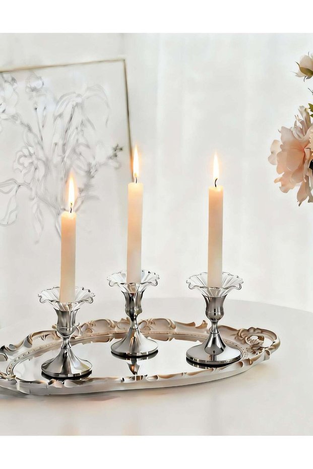 Premium Silver Candlestick Holders with Petal-Shaped Glass Wax Catcher Set of 3, Elegant Anti-Drip