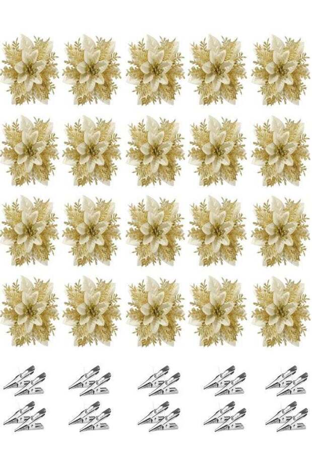 20 PCS Christmas Poinsettia Artificial Flowers Decorations with Clips 13cm Christmas Tree Wreaths G