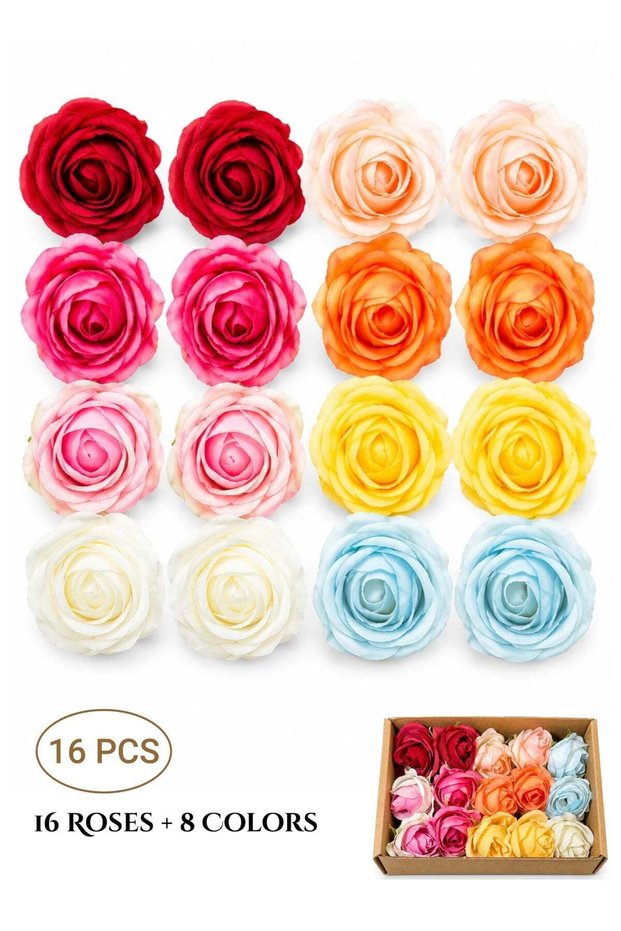 Simulated Roses 16PCS, Artificial Flowers with 8 Assorted Colors, Silk Fake Roses for DIY Crafts, W