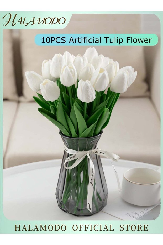 10-Piece White Artificial Tulip Flower, Real Look Fake Flowers, Arrangement for Home Decorations, P