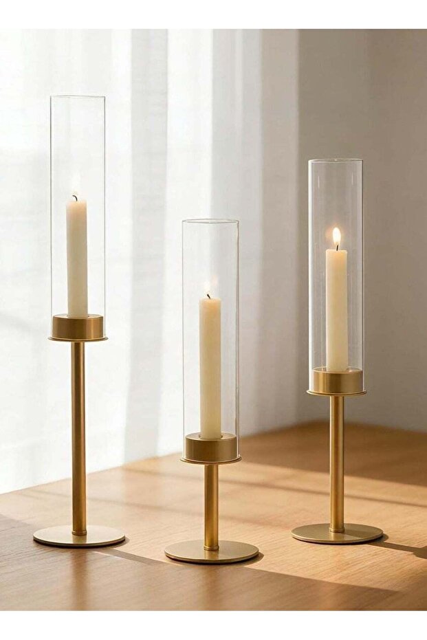 Gold Candle Holders, 3Pcs Brass Candle Stick Candelabra with Glass Candle Cover for Wedding Table C