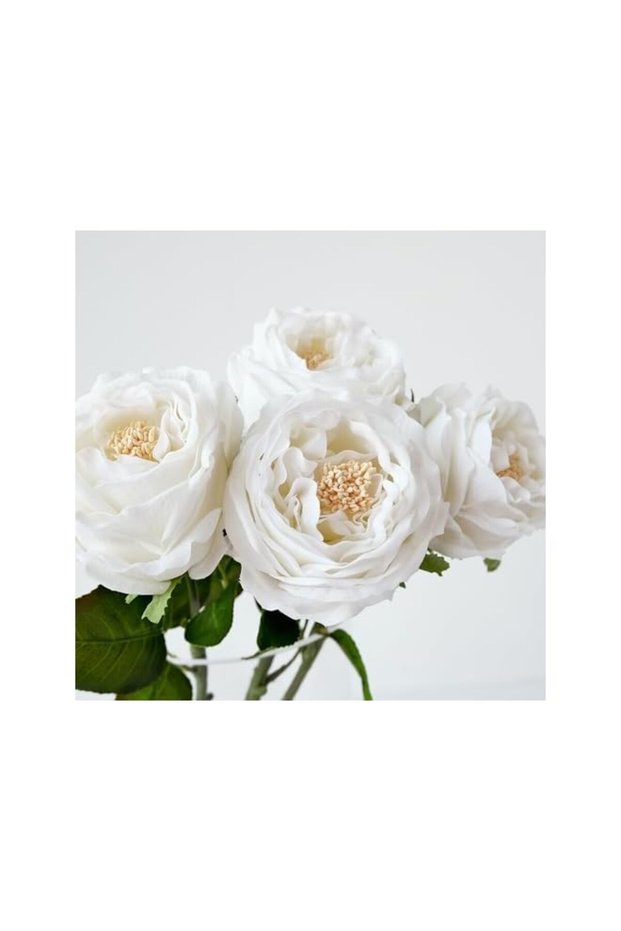 4PCS White Fake Flowers Rose Realistic Petal Latex Austen Faux Roses Silk Peony Long Stem 3.5" Larg