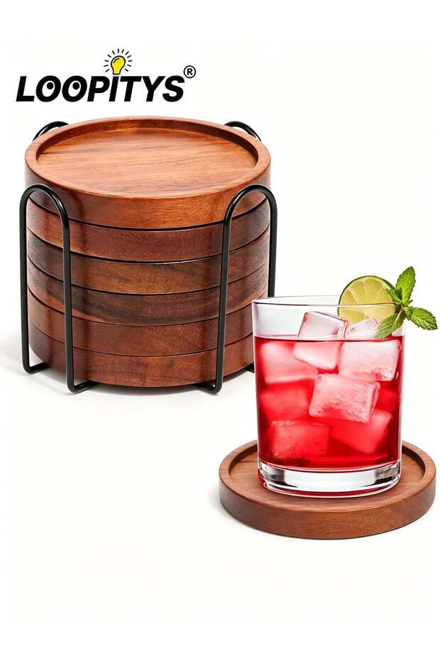 Wooden coaster set, 6-piece set, with base, made of acacia wood, suitable for various cups, living