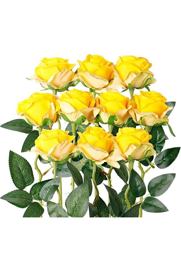 10PCS Yellow Roses, Artificial Silk Roses Flowers with Long Stems, Yellow Faux Rose Bouquet for Wed