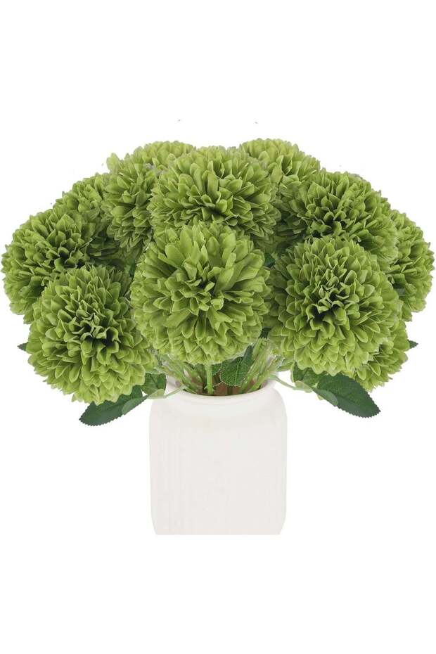 12 Pcs Green Artificial Silk Chrysanthemums, Fake Mums for Home Decor, 11.2-inch