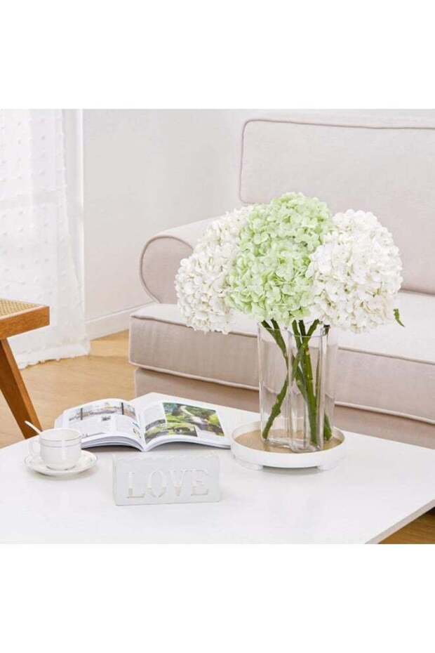LATIFA Real Touch Hydrangea Artificial Flowers, 2 Green & 2 White Real Touch Flowers, 21" Faux Hydr