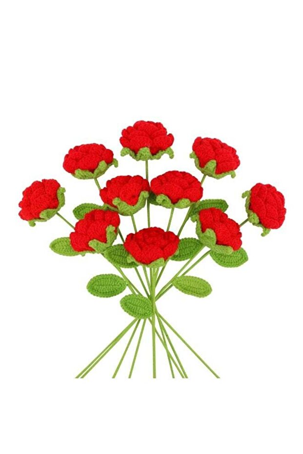 FDTY 6 PcsHandmade Crochet Rose Artificial Flower, Red with Green Leaf, Decorative Gift for Valenti
