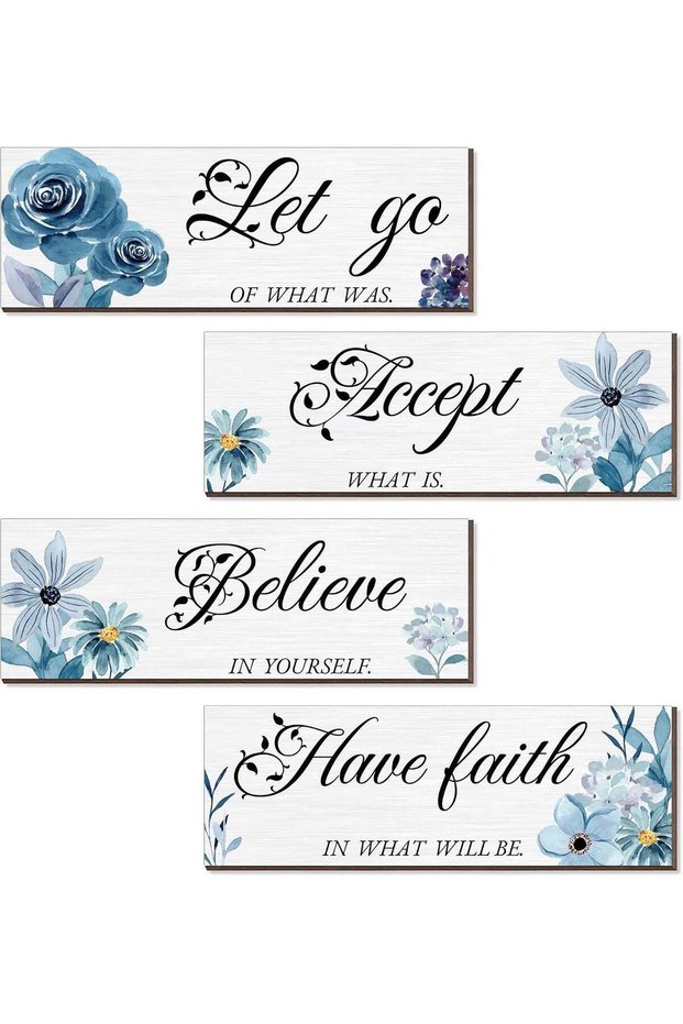 ARS 4 Pieces Blue Flower Wall Decor For Bedroom, Accept-Let go-Have faith-Believe Wooden Inspiratio