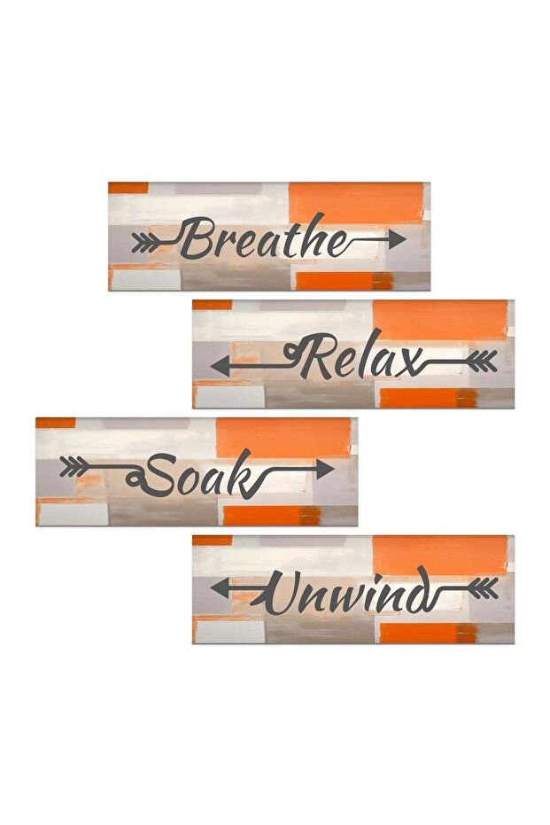 ARS® 4 Pieces Orange and Grey Abstract Bathroom Wall Art - Relax, Soak, Unwind, Breathe Signs Decor