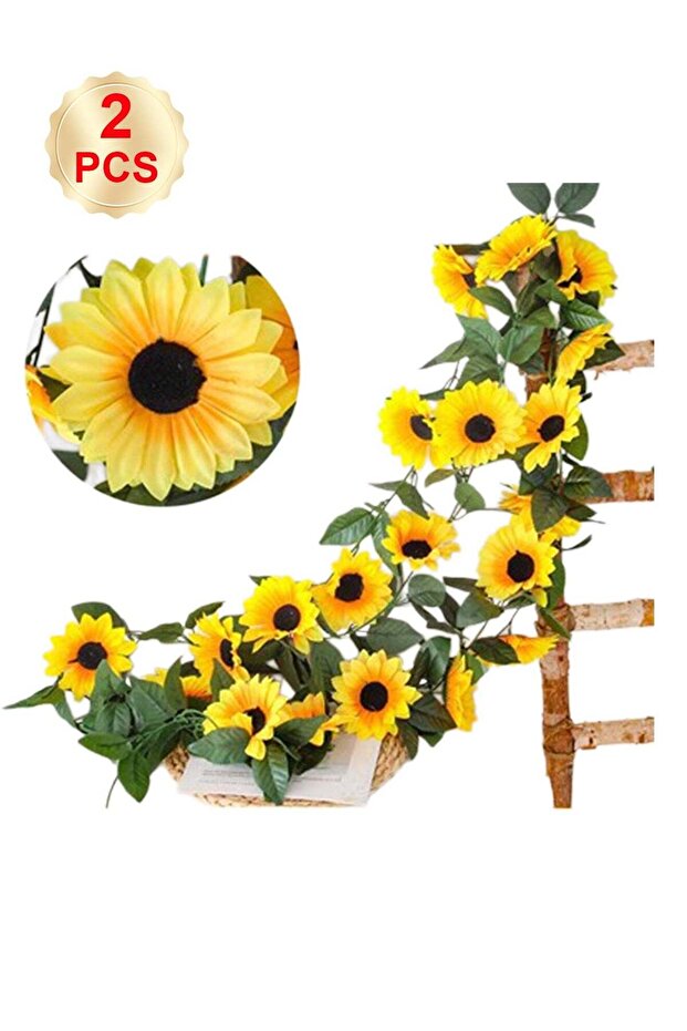 2pc Artificial Hanging Sunflower Vine with Realistic Faux Green Leaves Fake Plant Decoration for Ho