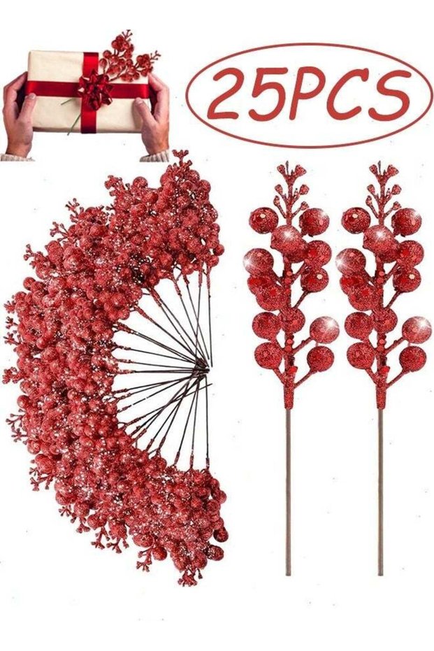 25 Pcs Red Festival Glitter Berries Stems, Artificial Berry Branches,DIY Wreath Crafts,Holiday Home