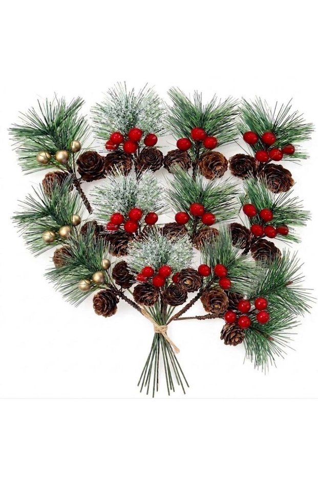 Mordely 12 Pcs Artificial Christmas Pine Picks, Frosted Pine Needles Branches with Natural Pine Con