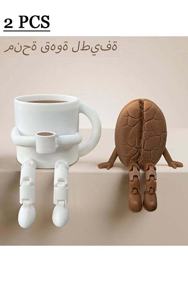 Coffee Bean and Mug Decorative Figurines, 2 Pcs Funny Articulated Shelf Sitters, Unique Coffee Love