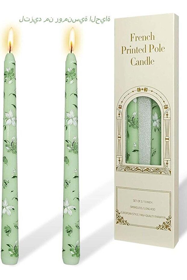 Set of 2 Printed Light Green White Flower Candles 10 Inch Handmade Unscented Drip Candles Exquisite