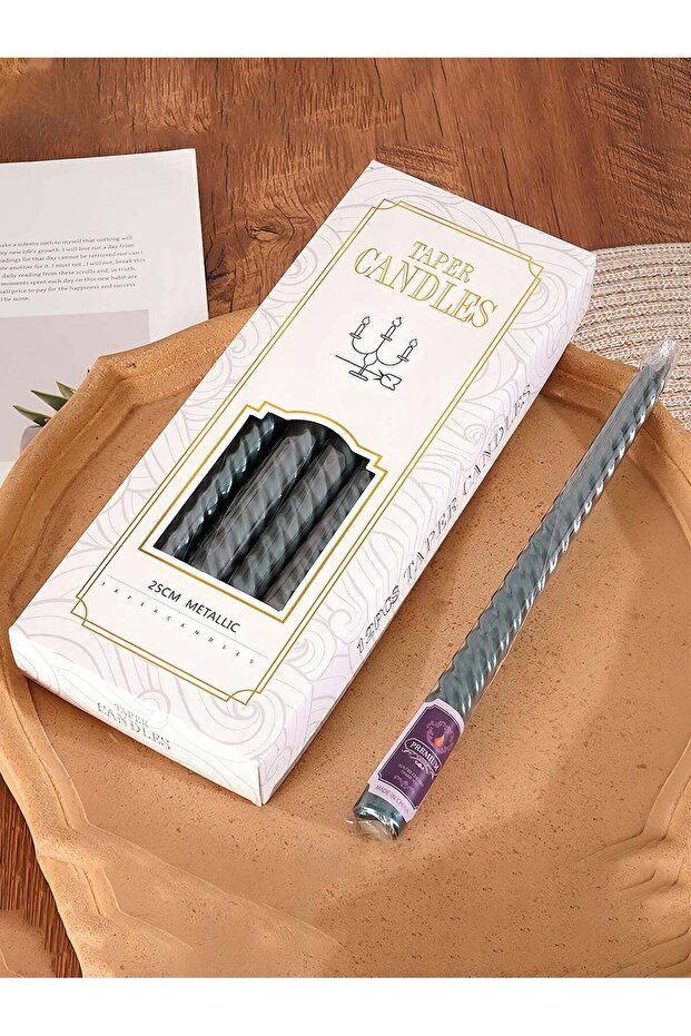 12pcs Boxed Metallic Dark Green European Style Metallic Twisted Taper Candles for Home, Romantic We
