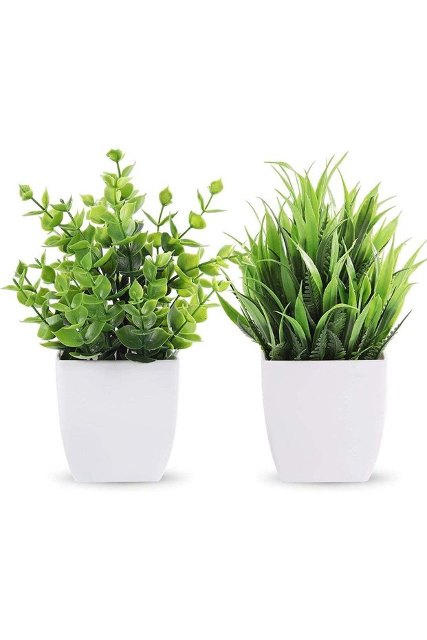 2 Pack Artificial Potted Eucalyptus Plants, Small Faux Plastic Greenery for Home Office Decor, Mult