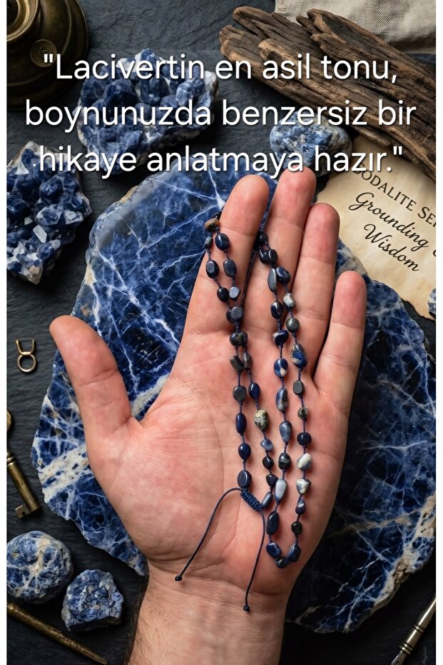 Güleç Natural Stone Sodalite Natural Stone Amorphous Cut Pendant and Wrap Bracelet Adjustable with Lift Chain 70+10 cm