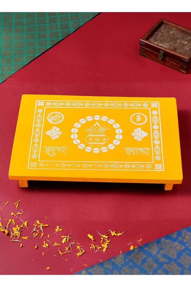 Madhoor Kalash Decorative Pooja Chowki (Patla/Bajot) Yellow for Pooja, Deity Idol Placement & Home