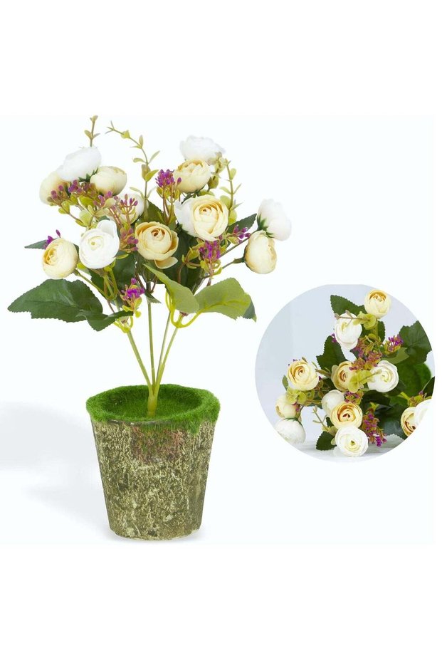 Artificial Flowers Potted Plant for Indoor Outdoor Office Home Garden Party Decoration (30cm, Cream