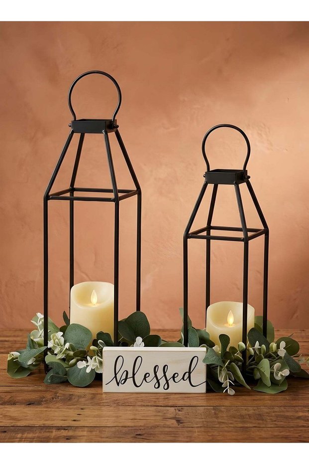 2PCS Black Metal Lantern,Modern Farmhouse Lantern Decorations for Outdoor,Front Porch, Indoor, Pati