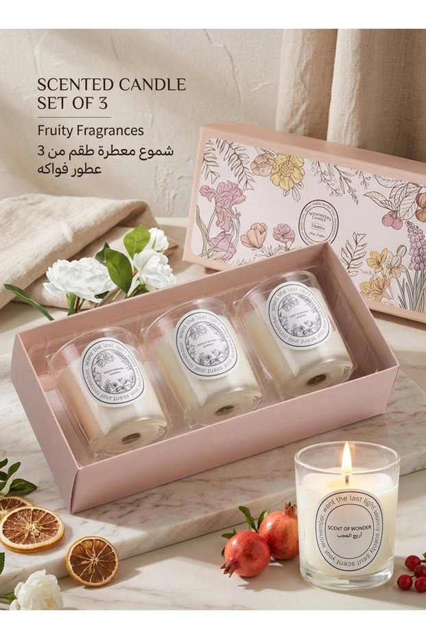 Set of 3 scented candles, three different fragrances in single-wick candles — fruity scents, colour