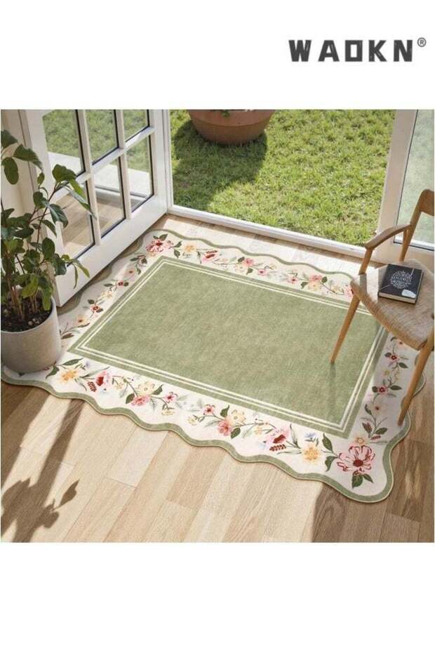 Floral Rug, Green Kitchen Rugs Ultra-Thin Washable Scalloped Bathroom Rug Indoor Mats for Entryway