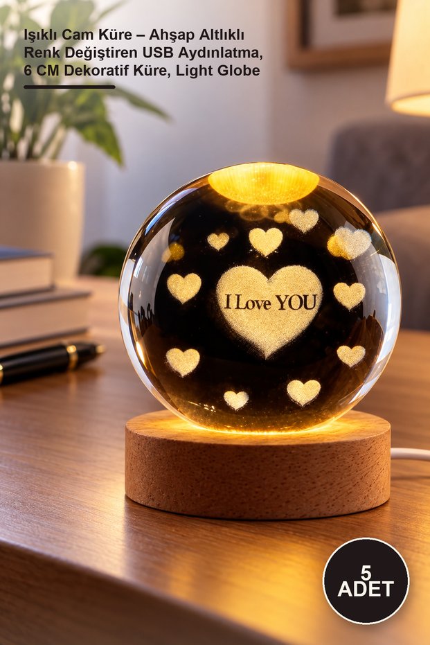 5 Lighted Glass Globes – Color Changing USB Lighting with Wooden Base, 6 cm Decorative Globe, Light Globe