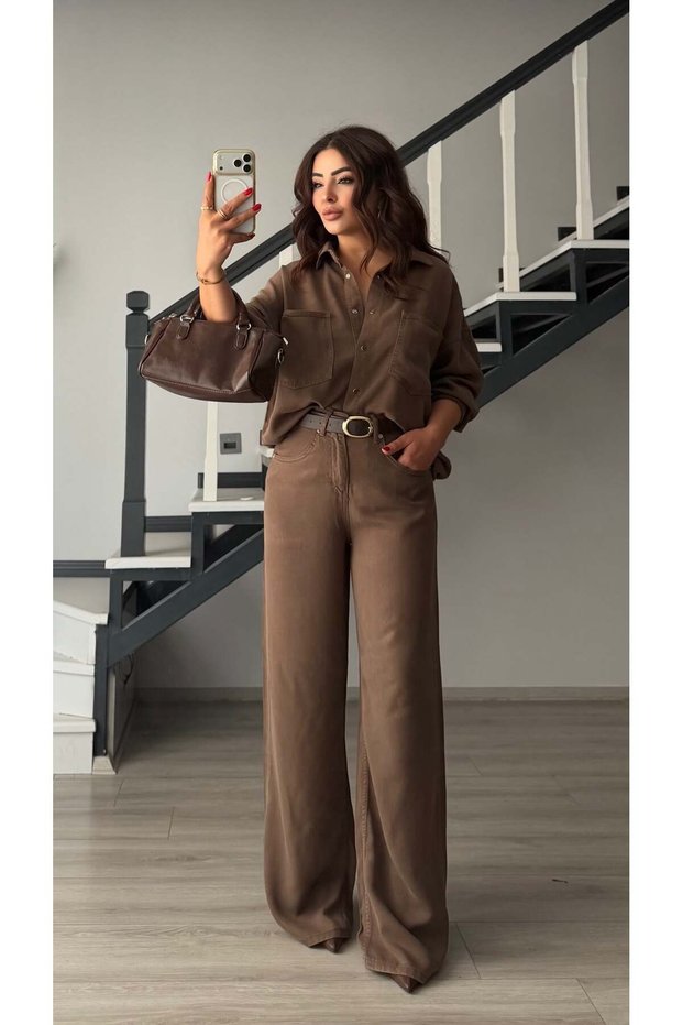 Coffee tencel denim shirt-pants set