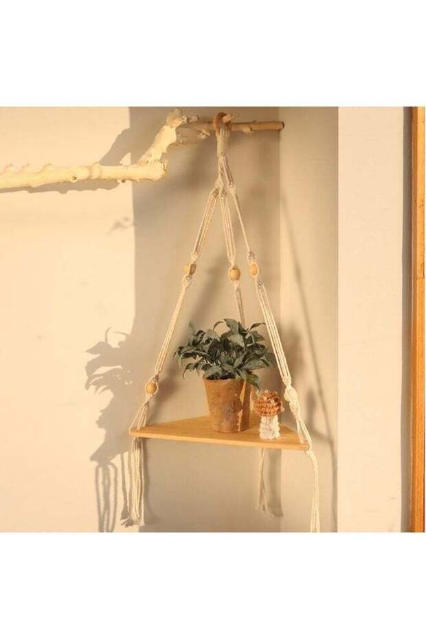 Boho Macrame Hanging Shelf with Triangular Wooden Board | Hand-Woven Rope Floating Shelf for Plants