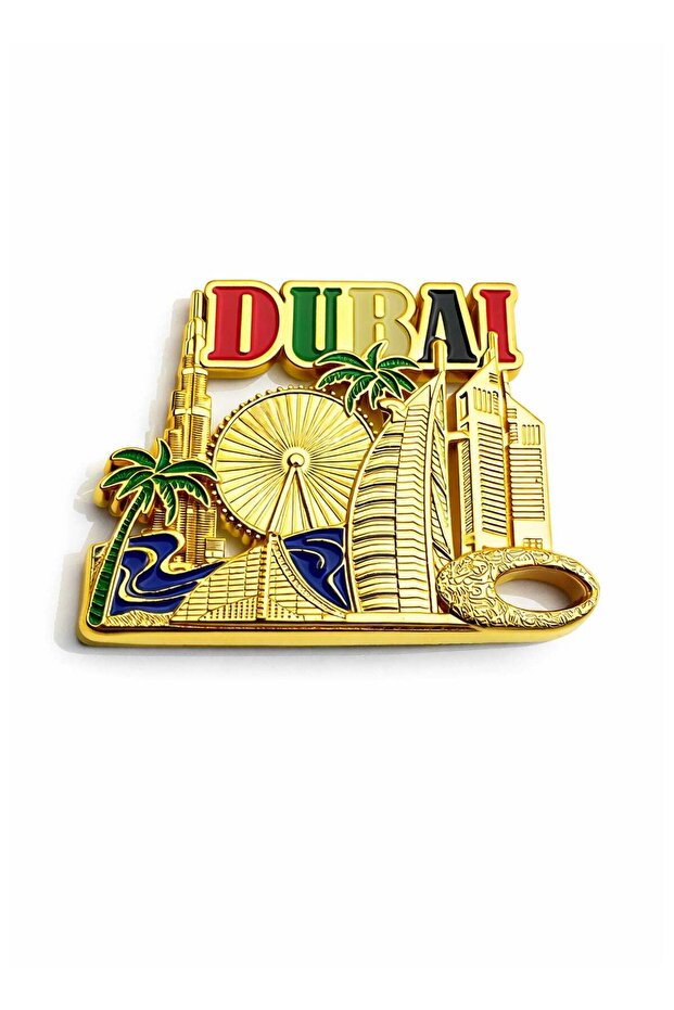 Premium fridge magnet Gold Plated showcasing Dubai landmarks, Burj Khalifa and Burj Al Arab with mi