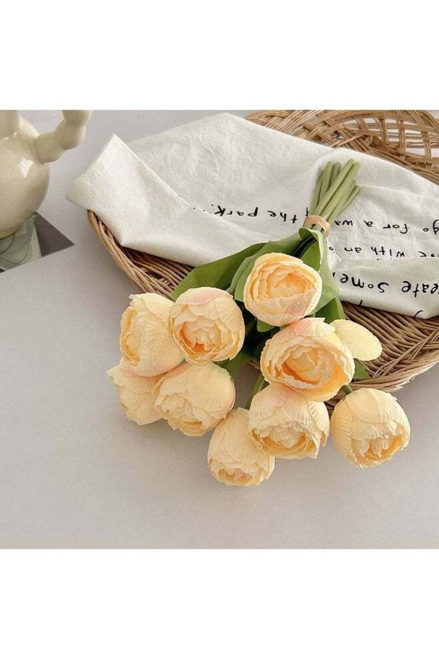 9 PCS Yellow Artificial Tulip Bouquet, Lifelike Fake Flowers for Home Table Wedding Party Decor