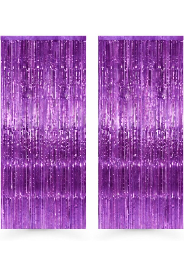 Foil Fringe Curtains Pack of 2 - 1x2m Metallic Tinsel Backdrop for Events (Purple)